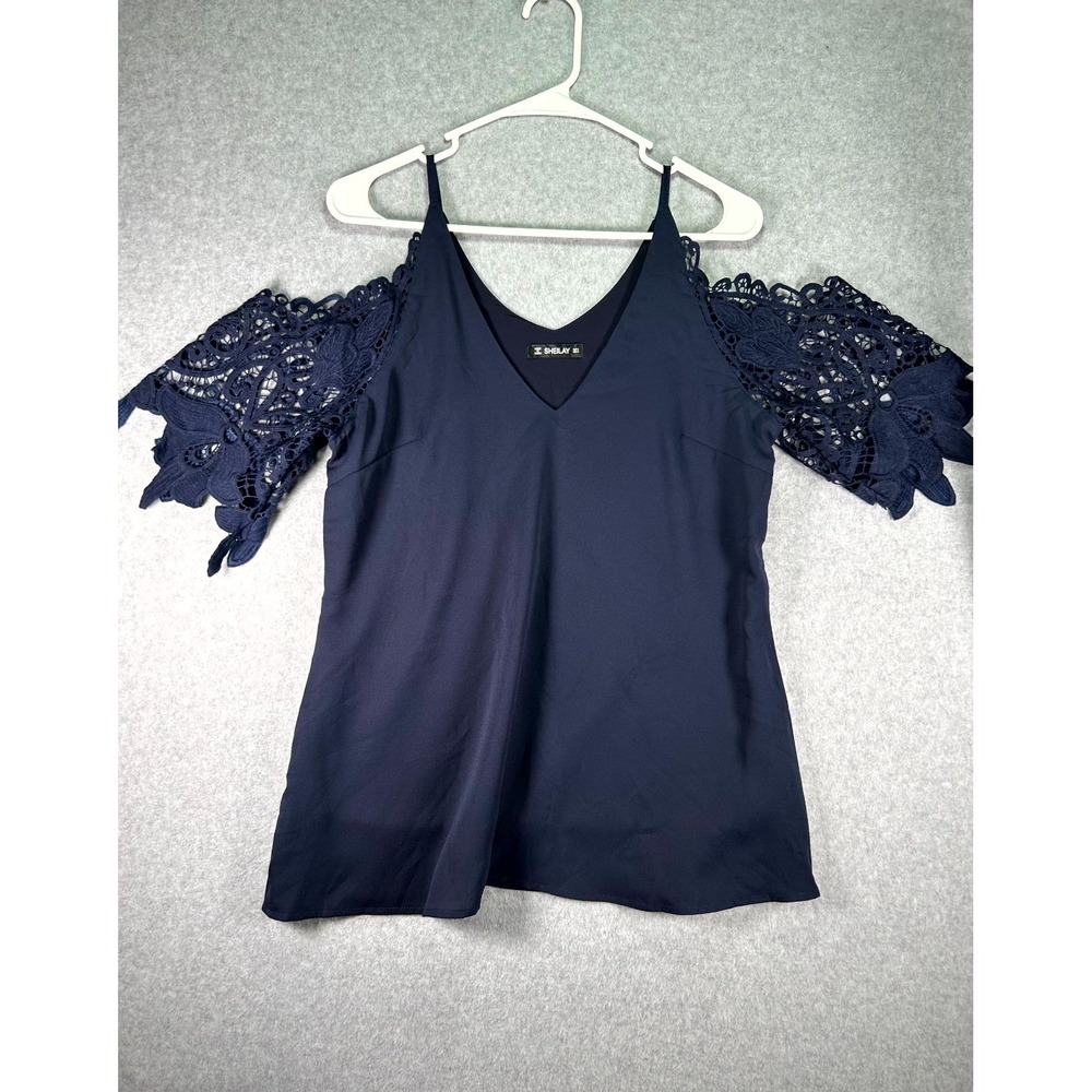 Sheilay Top Women Small Navy Blue Lined Party Cocktail Lace Cold Shoulder V Neck